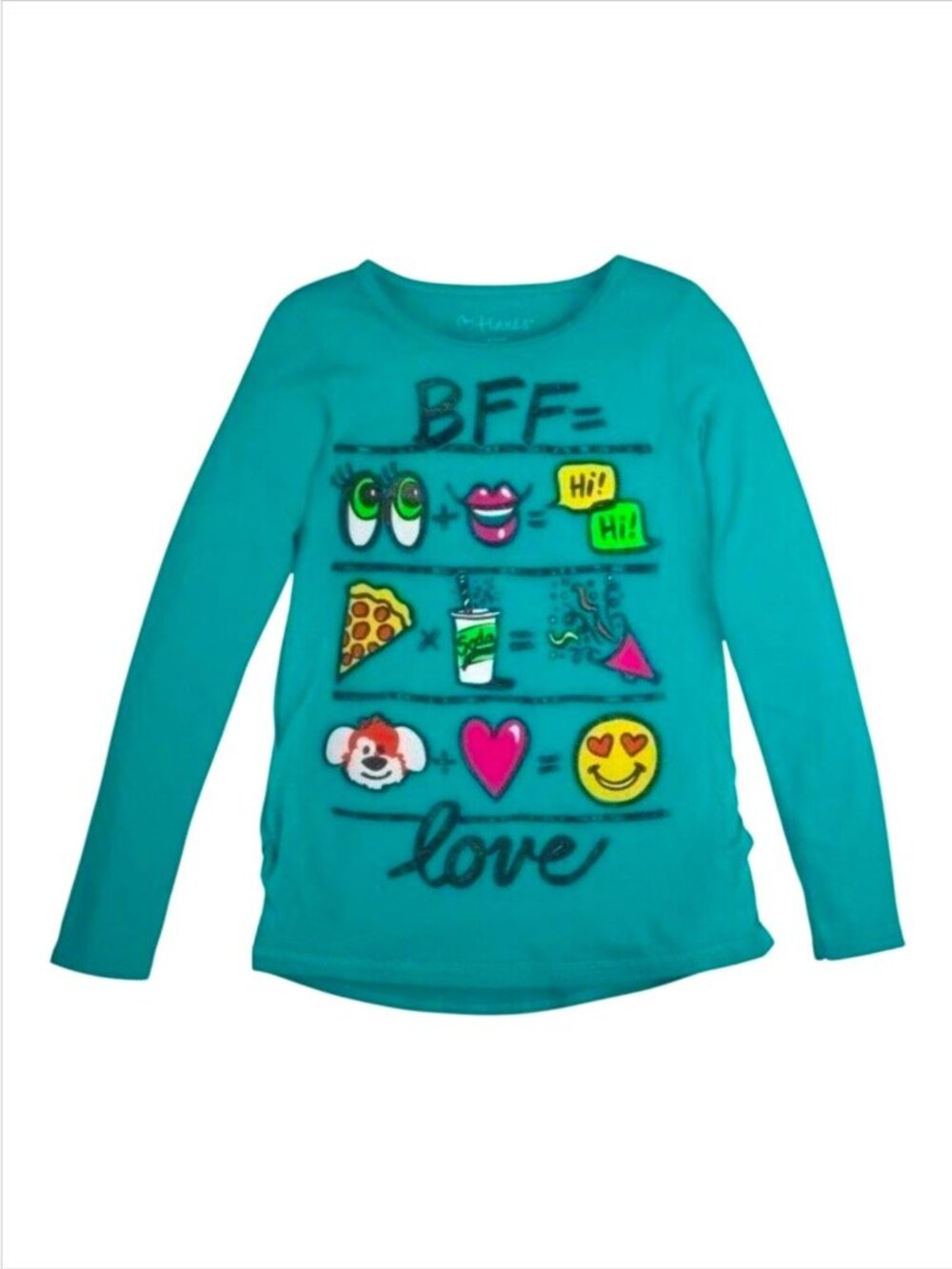 Hanes Girls Green Long Sleeve Graphic Tee With "BFF Love" Emoji Design Soft Rayo - Picture 8 of 8